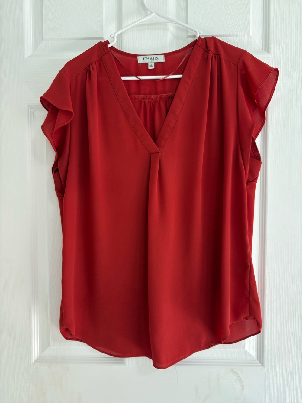 Chaus Red V-Neck Flutter Sleeve Blouse